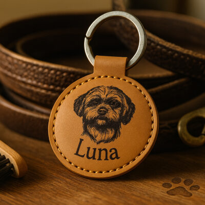 Leren Sleutelhanger – Hond Luna Gravure Ronde leren sleutelhangers van De Meesterbrander met gegraveerde teksten en afbeeldingen. Diameter 6 cm, met muntvakje aan de achterkant. Personalisatie mogelijk – perfect als cadeau of souvenir.