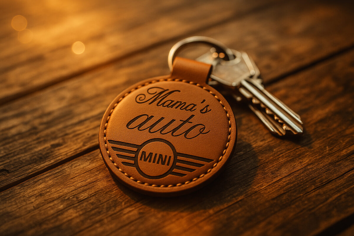 Leren Sleutelhanger – Mama’s Mini Auto Gravure Ronde leren sleutelhangers van De Meesterbrander met gegraveerde teksten en afbeeldingen. Diameter 6 cm, met muntvakje aan de achterkant. Personalisatie mogelijk – perfect als cadeau of souvenir.
