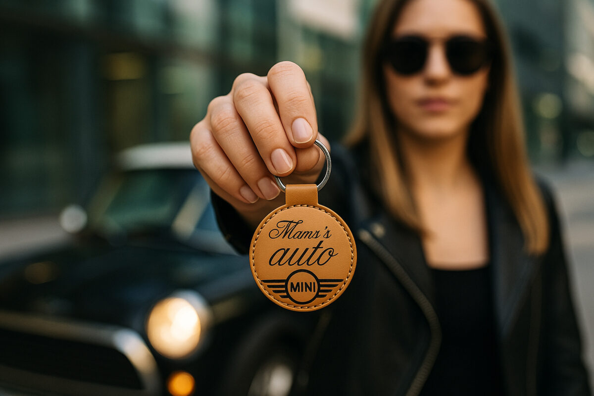 Leren Sleutelhanger – Mama’s Mini Auto Gravure Ronde leren sleutelhangers van De Meesterbrander met gegraveerde teksten en afbeeldingen. Diameter 6 cm, met muntvakje aan de achterkant. Personalisatie mogelijk – perfect als cadeau of souvenir.