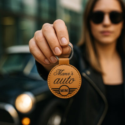 Leren Sleutelhanger – Mama’s Mini Auto Gravure Ronde leren sleutelhangers van De Meesterbrander met gegraveerde teksten en afbeeldingen. Diameter 6 cm, met muntvakje aan de achterkant. Personalisatie mogelijk – perfect als cadeau of souvenir.