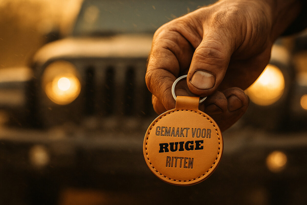 Leren Sleutelhanger – Gemaakt voor Ruige Ritten Ronde leren sleutelhangers van De Meesterbrander met gegraveerde teksten en afbeeldingen. Diameter 6 cm, met muntvakje aan de achterkant. Personalisatie mogelijk – perfect als cadeau of souvenir.