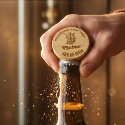Ronde houten bieropener met gegraveerde tekst “Even aan mijn sixpack werken”, gemaakt van bamboe met metalen onderzijde. Ambachtelijk gegraveerd door De Meesterbrander.
