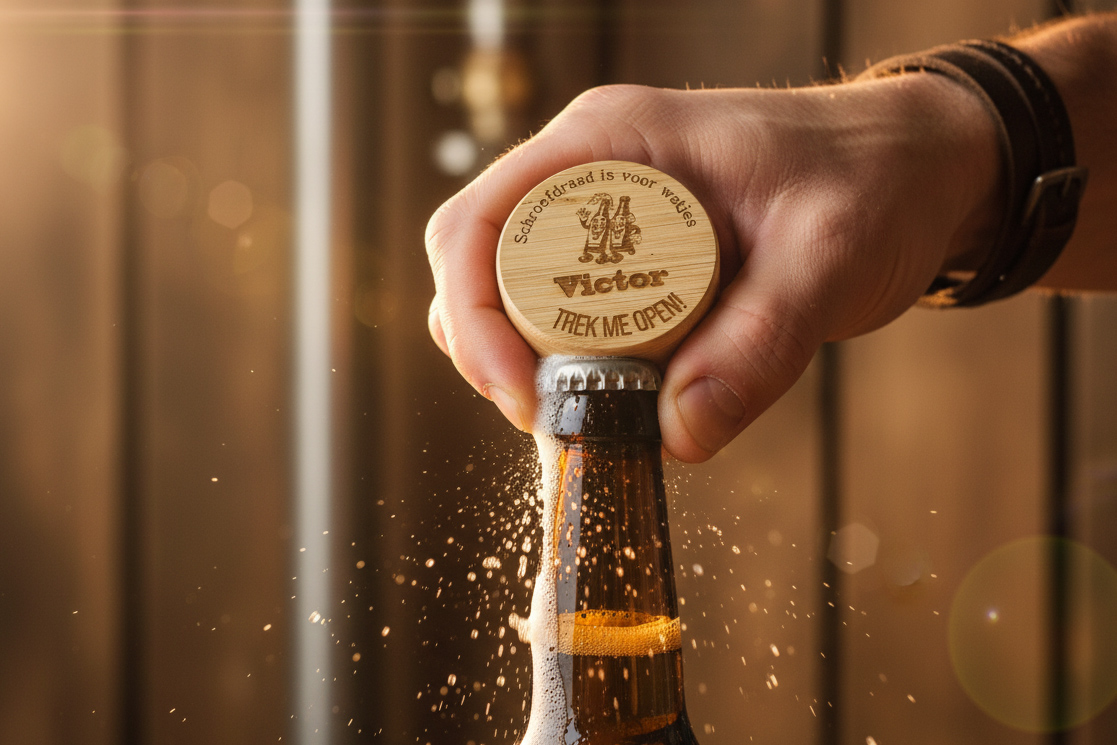 Houten bieropener met gravure – Persoonlijk cadeau | De Meesterbrander Ronde houten bieropener met gegraveerde tekst “Even aan mijn sixpack werken”, gemaakt van bamboe met metalen onderzijde. Ambachtelijk gegraveerd door De Meesterbrander.