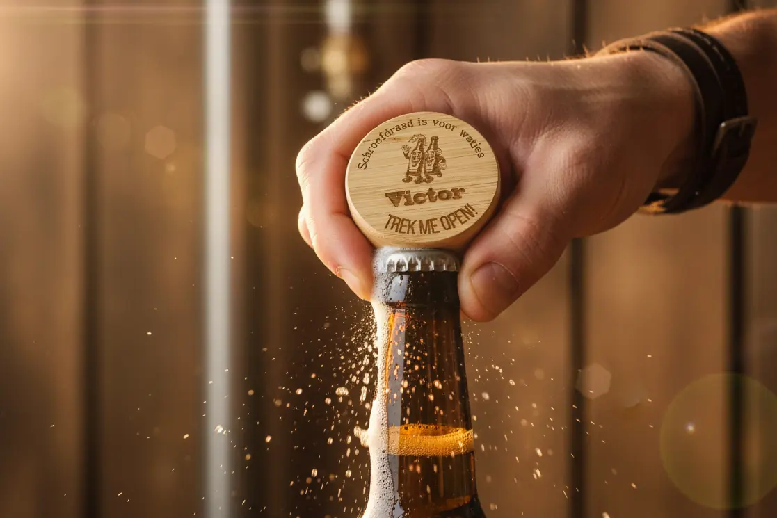 Ronde houten bieropener met gegraveerde tekst “Even aan mijn sixpack werken”, gemaakt van bamboe met metalen onderzijde. Ambachtelijk gegraveerd door De Meesterbrander.