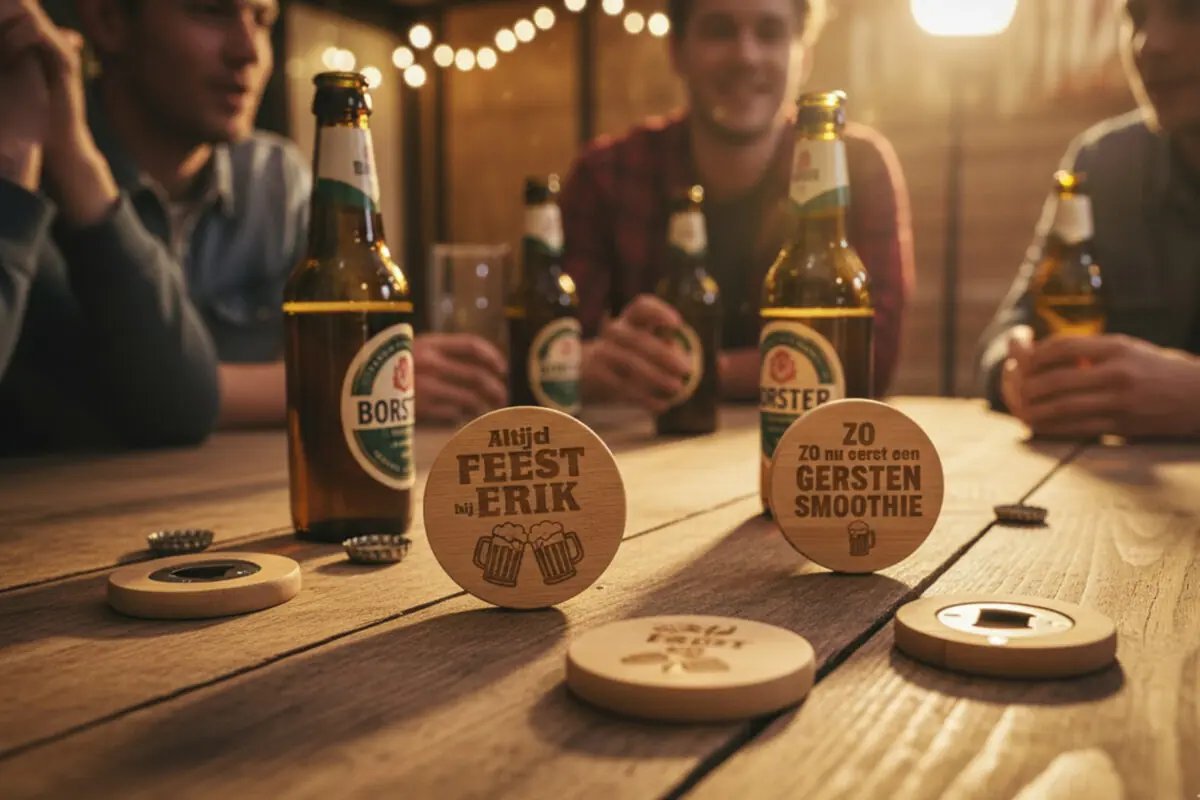 Ronde houten bieropener met gegraveerde tekst, gemaakt van bamboe met metalen onderzijde. Ambachtelijk gegraveerd door De Meesterbrander.