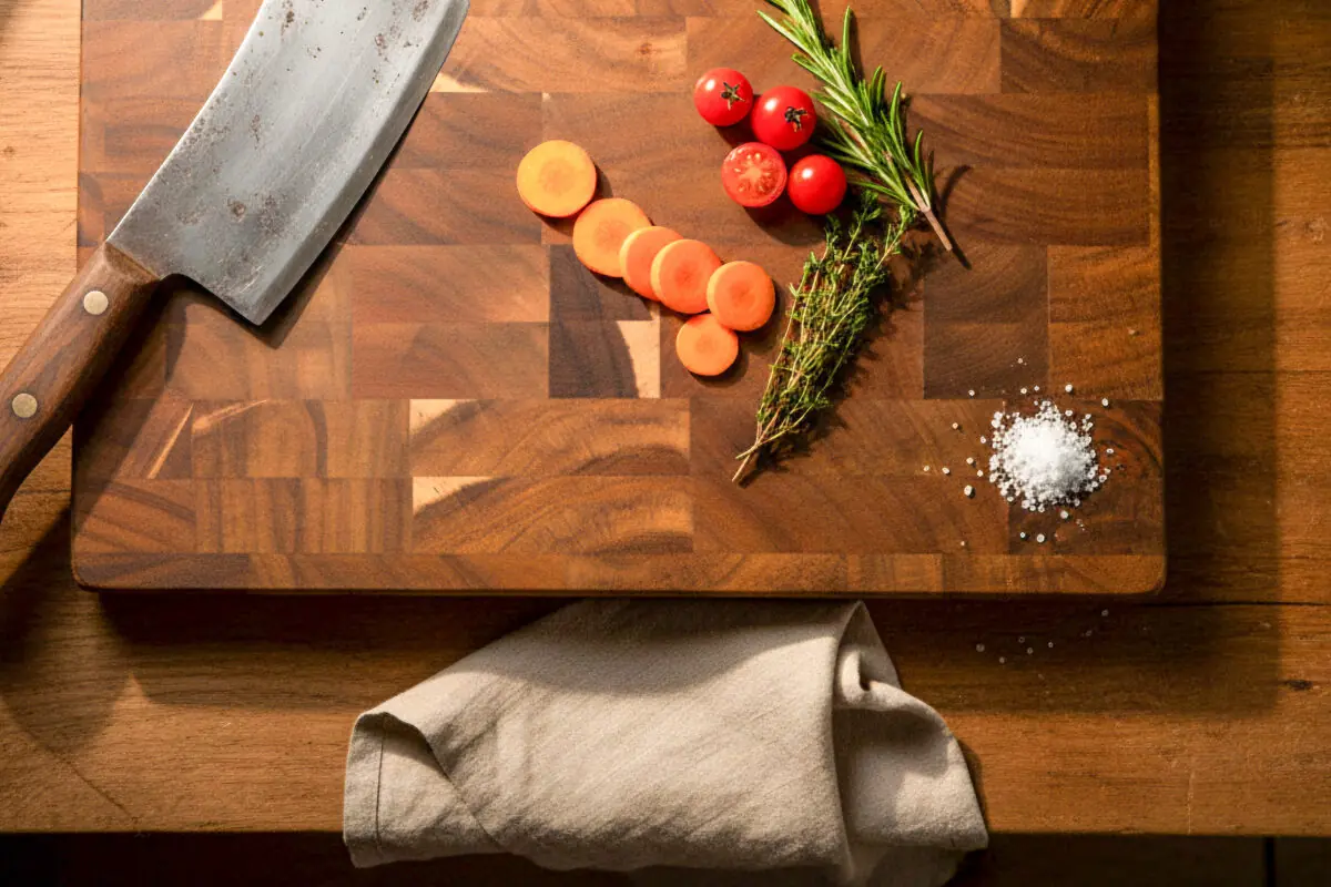 End-grain snijplank van acaciahout met handgreep. Warme houtnerf, ambachtelijke afwerking, subtiele zijgravure – gefotografeerd in Meesterbrander-stijl.