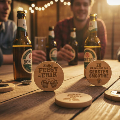 Houten bieropener met gravure – Persoonlijk cadeau | De Meesterbrander Ronde houten bieropener met gegraveerde tekst, gemaakt van bamboe met metalen onderzijde. Ambachtelijk gegraveerd door De Meesterbrander.