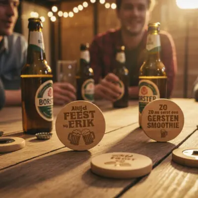 Ronde houten bieropener met gegraveerde tekst, gemaakt van bamboe met metalen onderzijde. Ambachtelijk gegraveerd door De Meesterbrander.