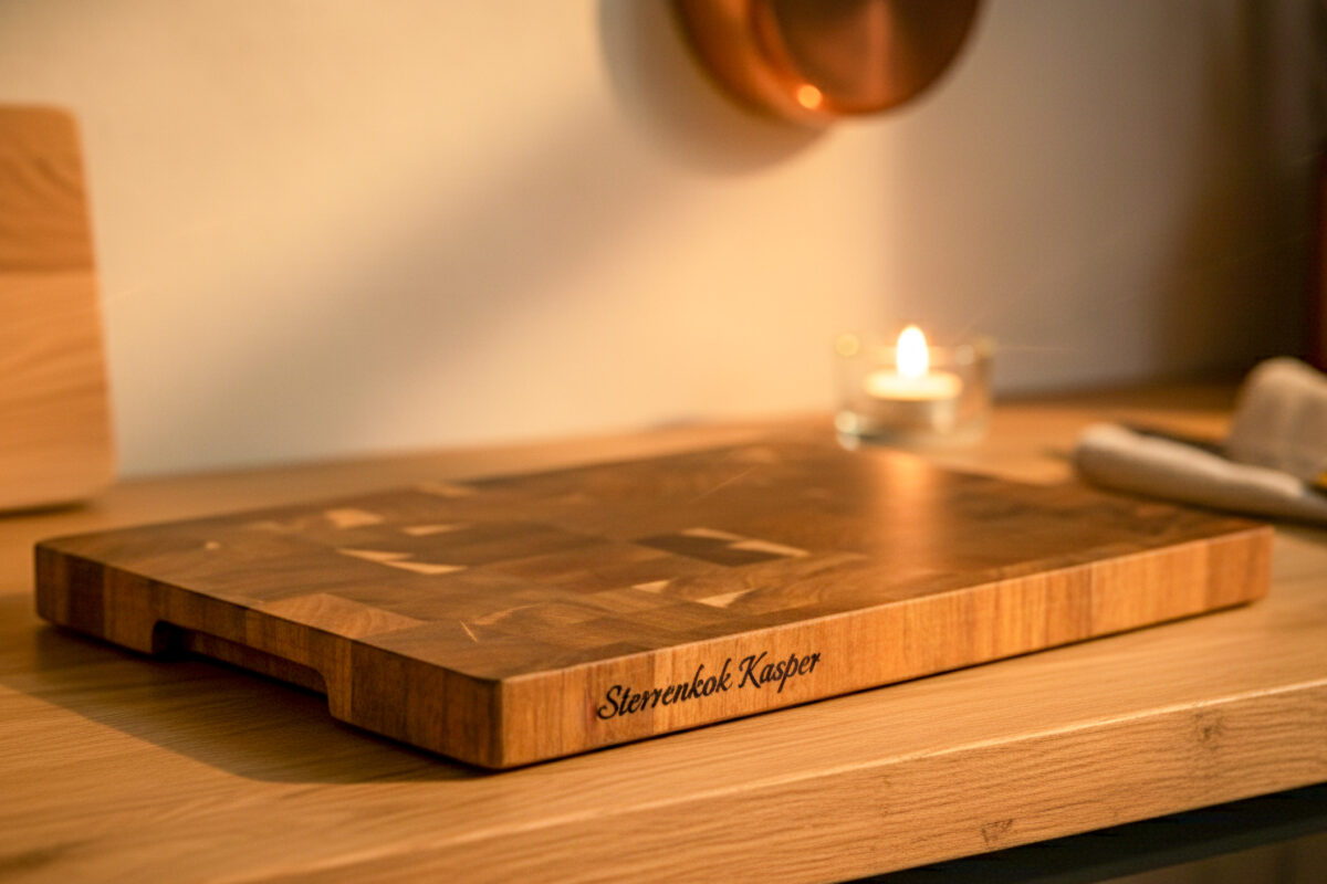 Luxe end-grain snijplank van acaciahout in De Brandmeester-stijl. Ambachtelijk handgemaakt, duurzaam, met subtiele zijgravure en verzonken handgreep End-grain snijplank van acaciahout met handgreep. Warme houtnerf, ambachtelijke afwerking, subtiele zijgravure – gefotografeerd in Meesterbrander-stijl.