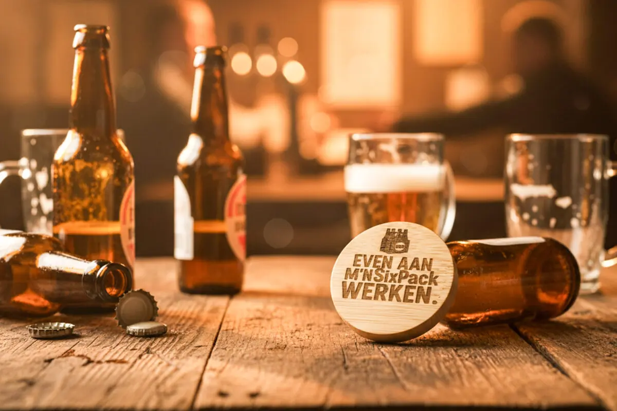 Ronde houten bieropener met gegraveerde tekst “Even aan mijn sixpack werken”, gemaakt van bamboe met metalen onderzijde. Ambachtelijk gegraveerd door De Meesterbrander.