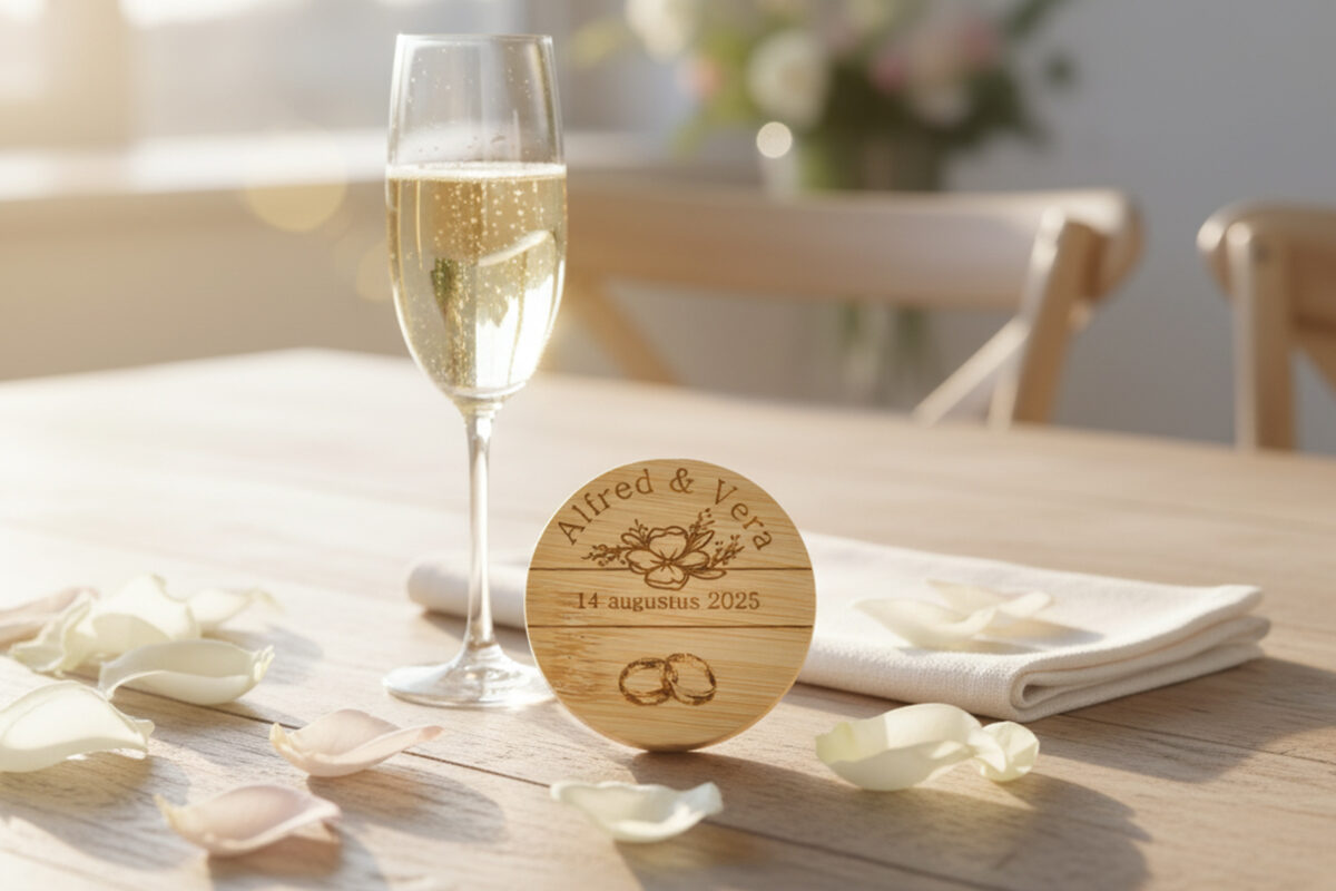 Houten bieropener met gravure – Persoonlijk cadeau | De Meesterbrander Ronde houten bieropener met gegraveerde tekst , gemaakt van bamboe met metalen onderzijde. Ambachtelijk gegraveerd door De Meesterbrander.