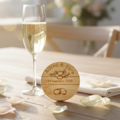 Houten bieropener met gravure – Persoonlijk cadeau | De Meesterbrander Ronde houten bieropener met gegraveerde tekst , gemaakt van bamboe met metalen onderzijde. Ambachtelijk gegraveerd door De Meesterbrander.