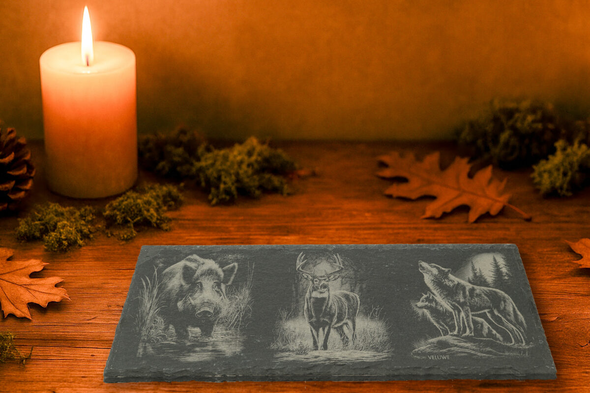 Leisteen gravures van edelhert, wild zwijn & wolf | De Meesterbrander Leisteen decoratieplank met gravure van edelhert, wild zwijn of wolf – ambachtelijk Veluws laserwerk.