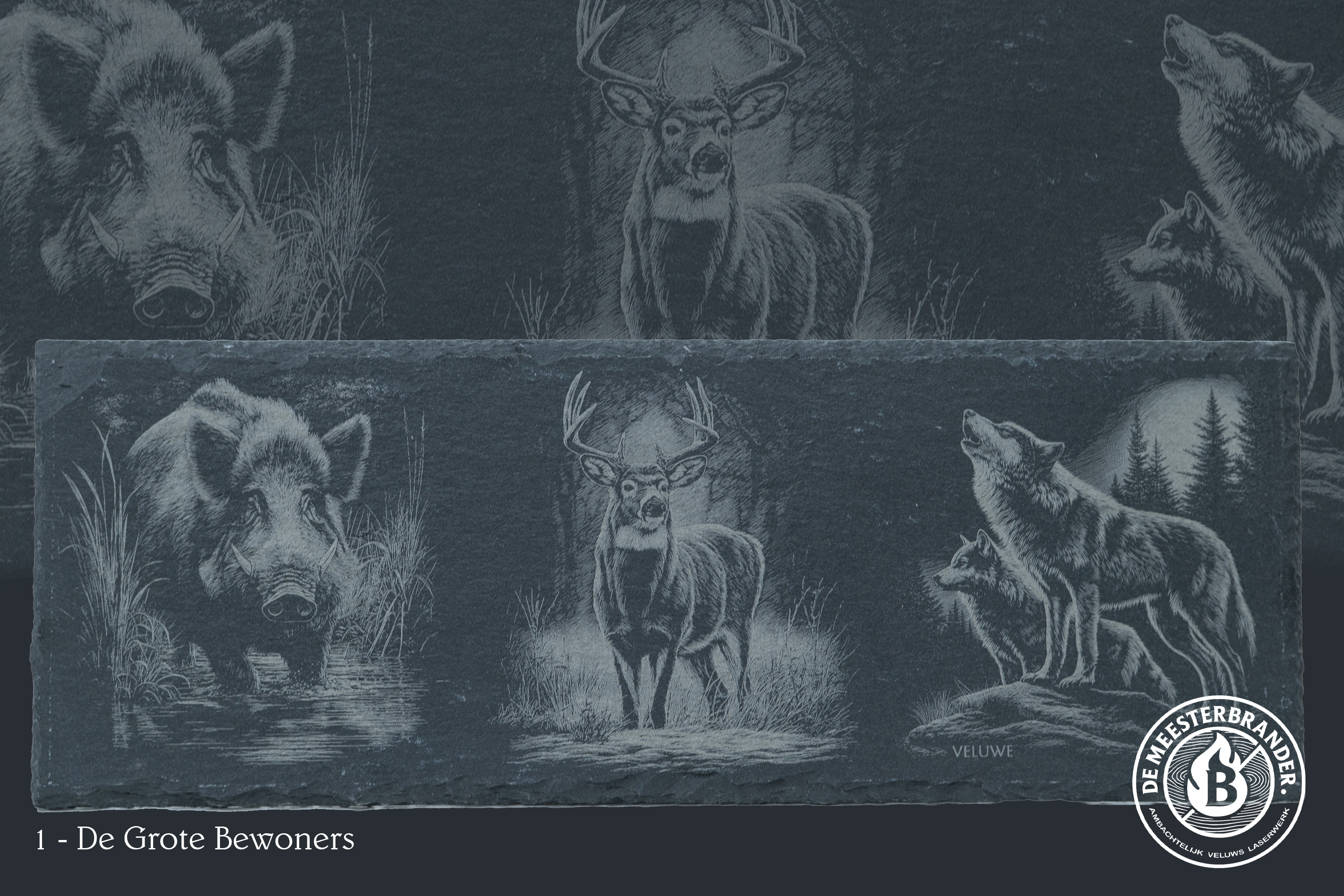 Leisteen gravures van edelhert, wild zwijn & wolf | De Meesterbrander Leisteen decoratieplank met gravure van edelhert, wild zwijn of wolf – ambachtelijk Veluws laserwerk.