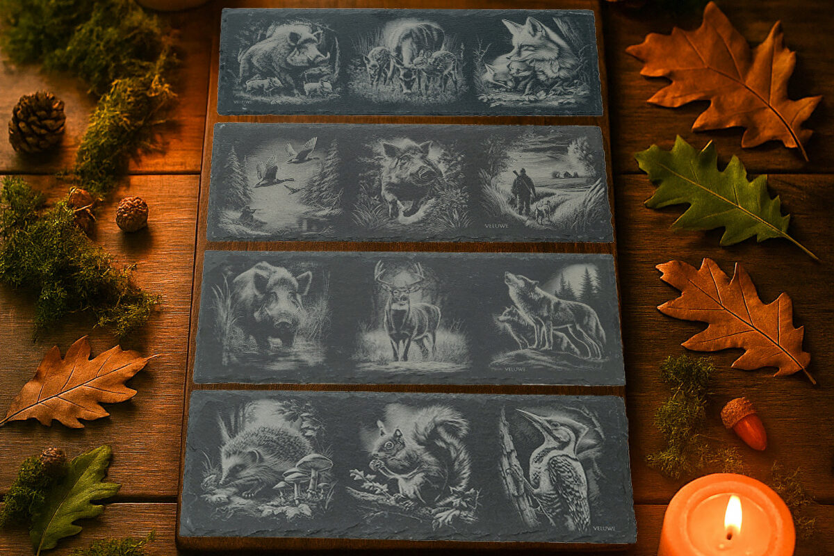 Leisteen Collectie – De Veluwse Bewoners Breng de magie van de Veluwe in huis met onze exclusieve leisteen decoratieplanken, ambachtelijk gegraveerd in de kenmerkende stijl van De Meesterbrander.