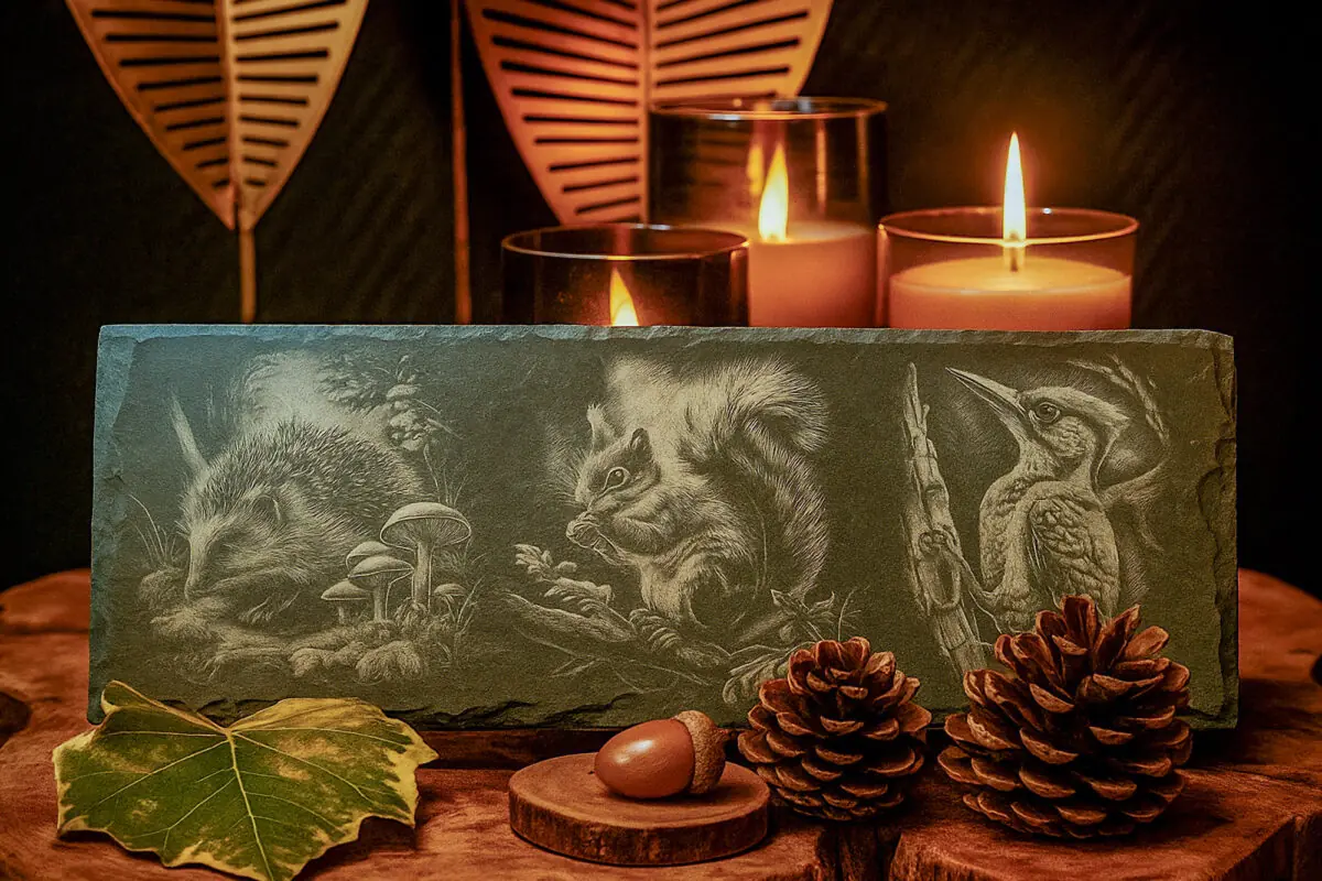 Leisteen decoratieplank met gravure van egel, eekhoorn of specht – liefdevol gegraveerd op de Veluwe.