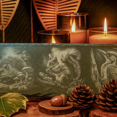 Leisteen wanddecoratie egel, eekhoorn & specht | De Meesterbrander Leisteen decoratieplank met gravure van egel, eekhoorn of specht – liefdevol gegraveerd op de Veluwe.