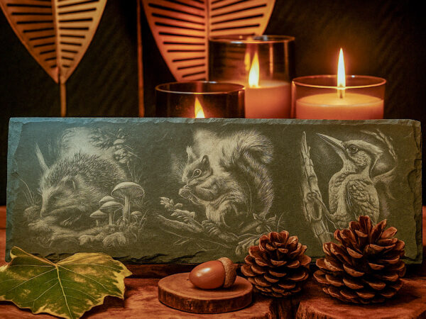 Leisteen decoratieplank met gravure van egel, eekhoorn of specht – liefdevol gegraveerd op de Veluwe.