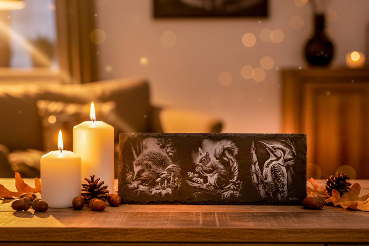 Leisteen wanddecoratie egel, eekhoorn & specht | De Meesterbrander Leisteen decoratieplank met gravure van egel, eekhoorn of specht – liefdevol gegraveerd op de Veluwe.