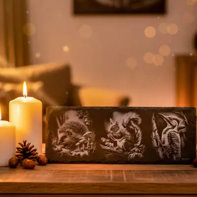 Leisteen decoratieplank met gravure van egel, eekhoorn of specht – liefdevol gegraveerd op de Veluwe.