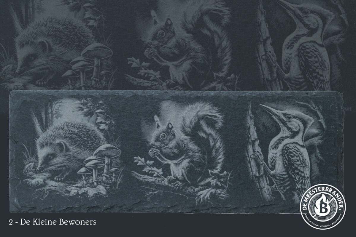 Leisteen wanddecoratie egel, eekhoorn & specht | De Meesterbrander Leisteen decoratieplank met gravure van egel, eekhoorn of specht – liefdevol gegraveerd op de Veluwe.