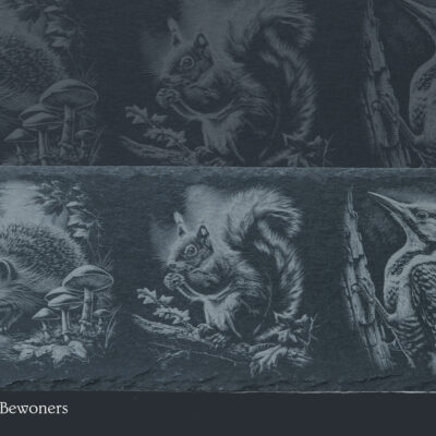 Leisteen wanddecoratie egel, eekhoorn & specht | De Meesterbrander Leisteen decoratieplank met gravure van egel, eekhoorn of specht – liefdevol gegraveerd op de Veluwe.