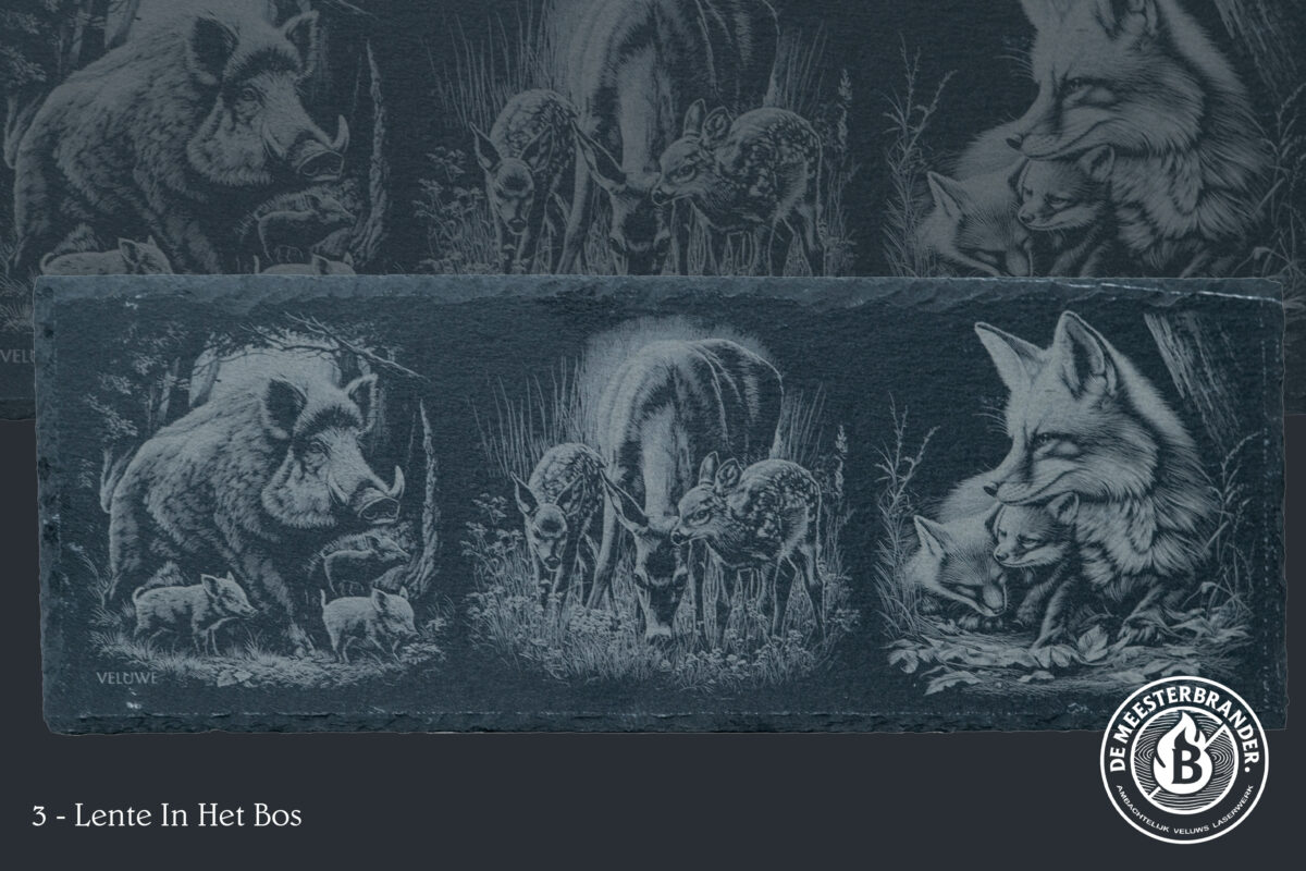 Leisteen gravures lente op de Veluwe – zwijntjes, hertjes & vosjes | De Meesterbrander Leisteen decoratieplank met lentethema – jonge zwijntjes, hertjes en vosjes, gegraveerd in Meesterbrander-stijl.