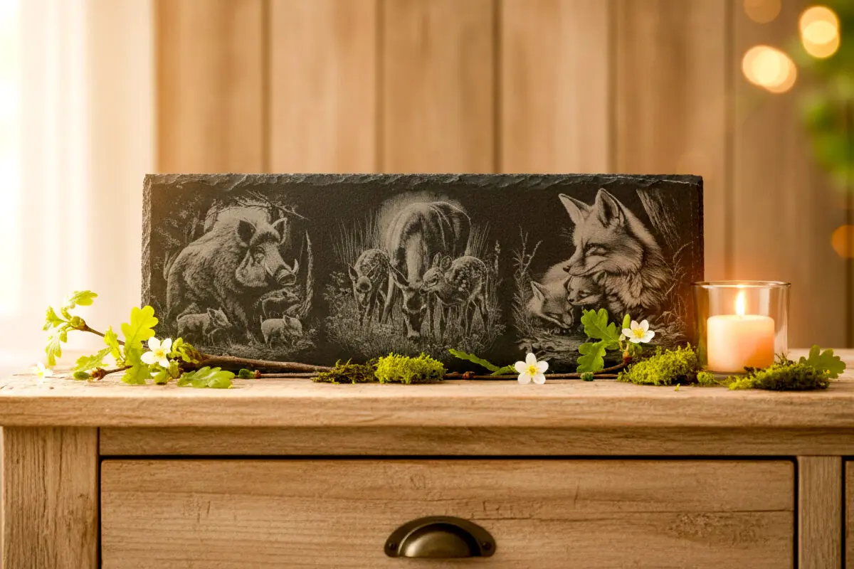 Leisteen gravures lente op de Veluwe – zwijntjes, hertjes & vosjes | De Meesterbrander