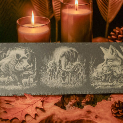 Leisteen decoratieplank met lentethema – jonge zwijntjes, hertjes en vosjes, gegraveerd in Meesterbrander-stijl. Leisteen gravures lente op de Veluwe – zwijntjes, hertjes & vosjes | De Meesterbrander