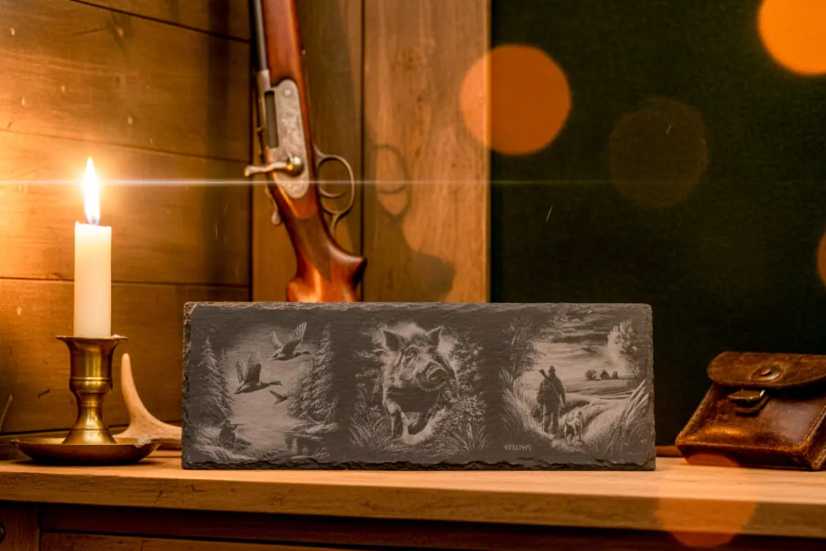 Leisteen gravure met jachttafereel – eerbetoon aan de Veluwse jachttraditie, gegraveerd door De Meesterbrander.