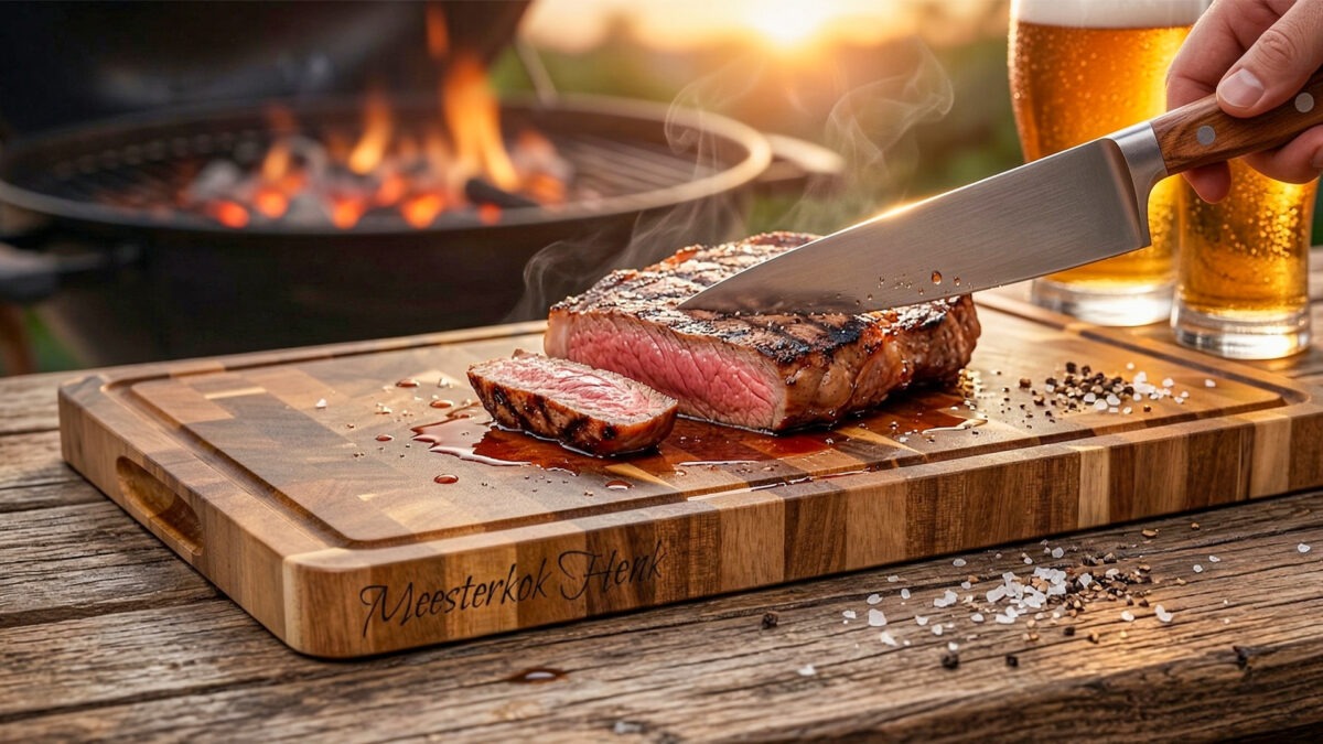 End-grain snijplank met handgreep en vochtgroef. En gratis gravure. Warme houtnerf, ambachtelijke afwerking, subtiele zijgravure – gefotografeerd in Meesterbrander-stijl.