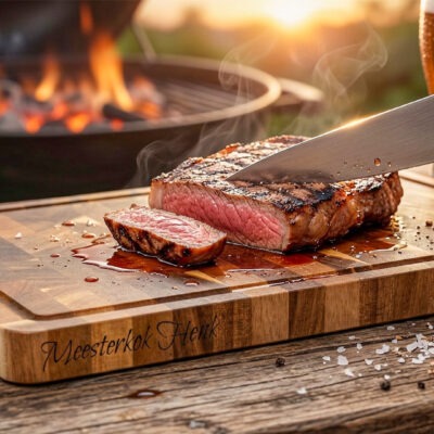 End-grain snijplank met handgreep en vochtgroef. En gratis gravure. Warme houtnerf, ambachtelijke afwerking, subtiele zijgravure – gefotografeerd in Meesterbrander-stijl.