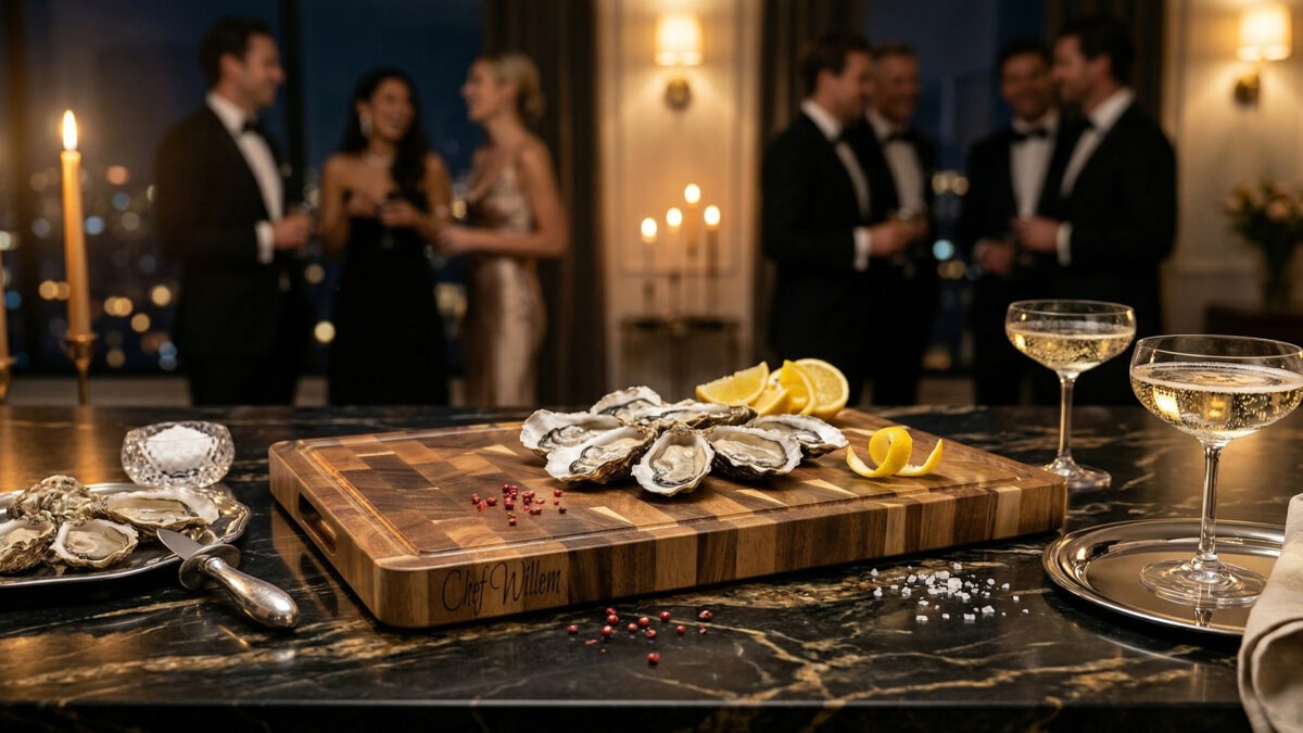 End-grain snijplank met handgreep en vochtgroef. En gratis gravure. Warme houtnerf, ambachtelijke afwerking, subtiele zijgravure – gefotografeerd in Meesterbrander-stijl.