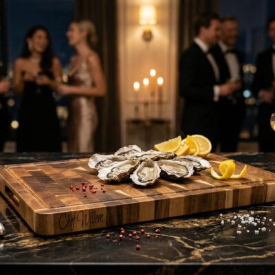 End-grain snijplank met handgreep en vochtgroef. En gratis gravure. Warme houtnerf, ambachtelijke afwerking, subtiele zijgravure – gefotografeerd in Meesterbrander-stijl.