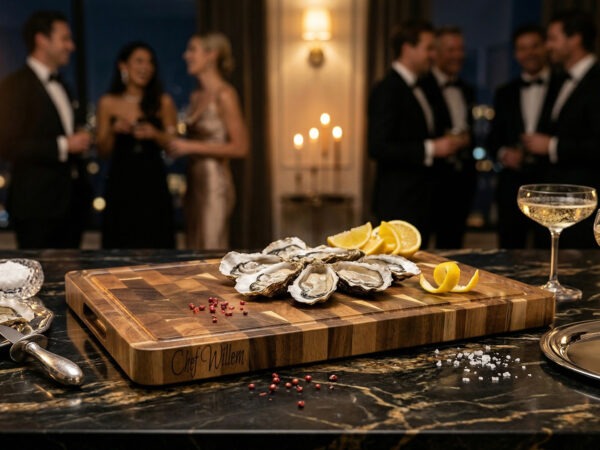 Luxe end-grain snijplank van acaciahout in De Brandmeester-stijl. Ambachtelijk handgemaakt, duurzaam, met subtiele zijgravure en verzonken handgreep en sapgroef End-grain snijplank met handgreep en vochtgroef. En gratis gravure. Warme houtnerf, ambachtelijke afwerking, subtiele zijgravure – gefotografeerd in Meesterbrander-stijl.