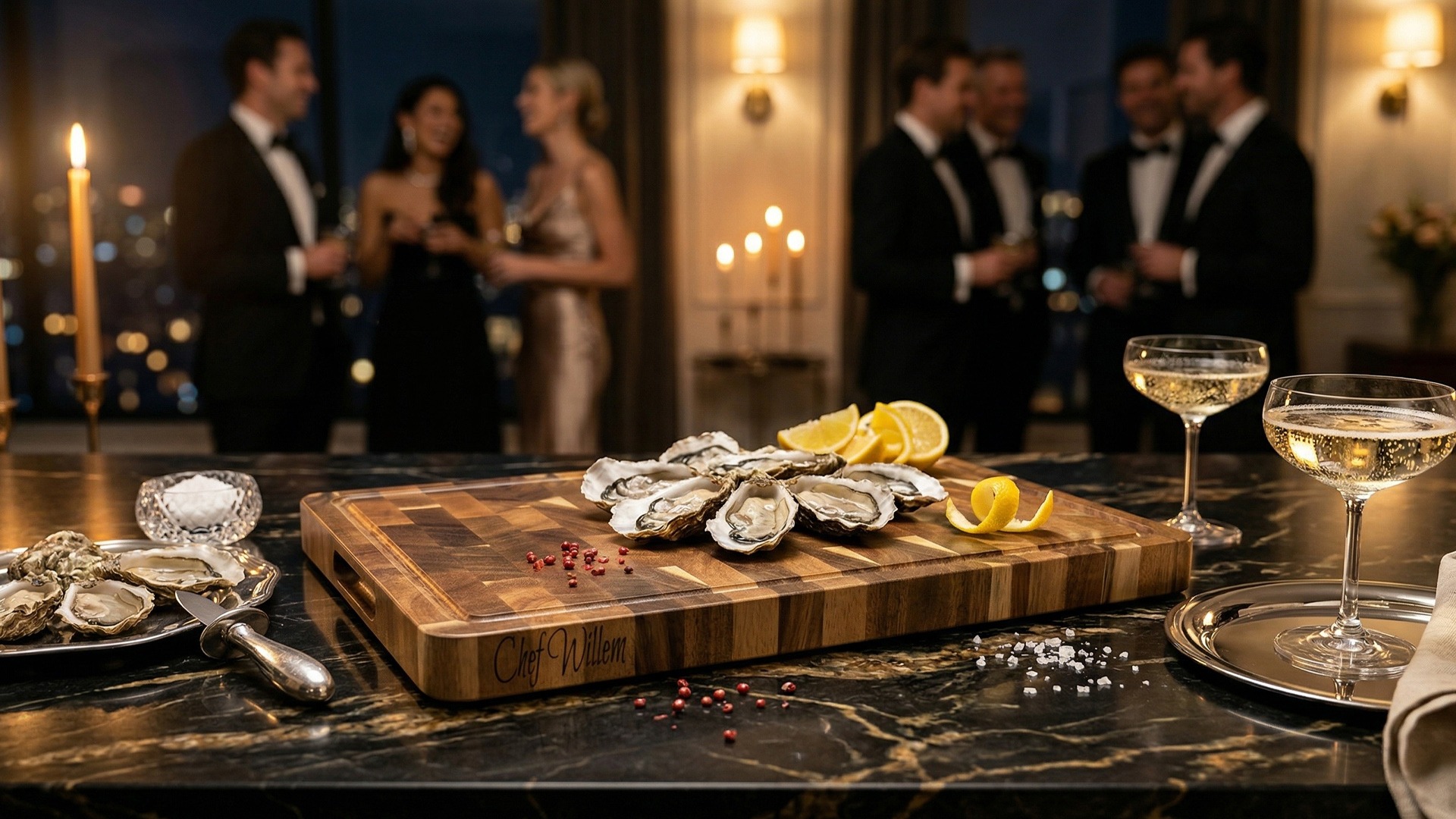 End-grain snijplank met handgreep en vochtgroef. En gratis gravure. Warme houtnerf, ambachtelijke afwerking, subtiele zijgravure – gefotografeerd in Meesterbrander-stijl.