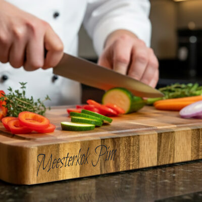 End-grain snijplank met handgreep en vochtgroef. Warme houtnerf, ambachtelijke afwerking, subtiele zijgravure – gefotografeerd in Meesterbrander-stijl.