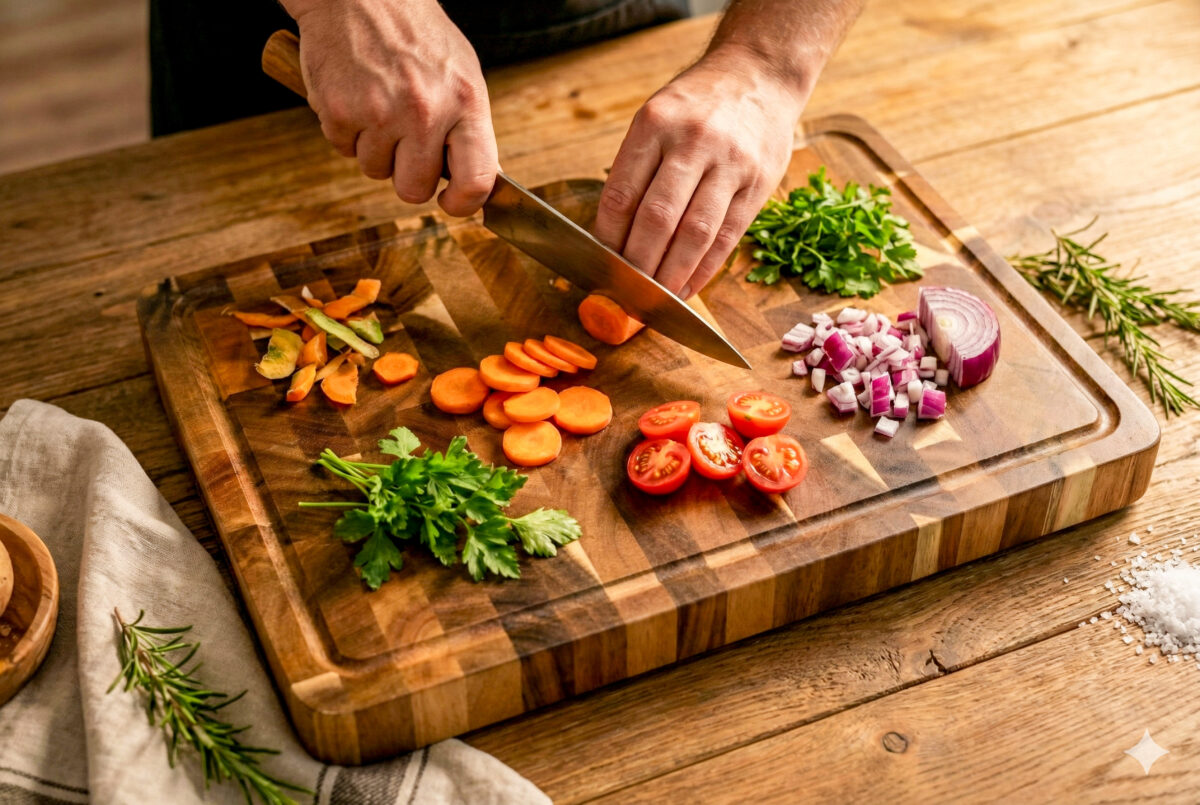 Luxe end-grain snijplank van acaciahout in De Brandmeester-stijl. Ambachtelijk handgemaakt, duurzaam, met subtiele zijgravure en verzonken handgreep en sapgroef End-grain snijplank met handgreep en vochtgroef. Warme houtnerf, ambachtelijke afwerking, subtiele zijgravure – gefotografeerd in Meesterbrander-stijl.