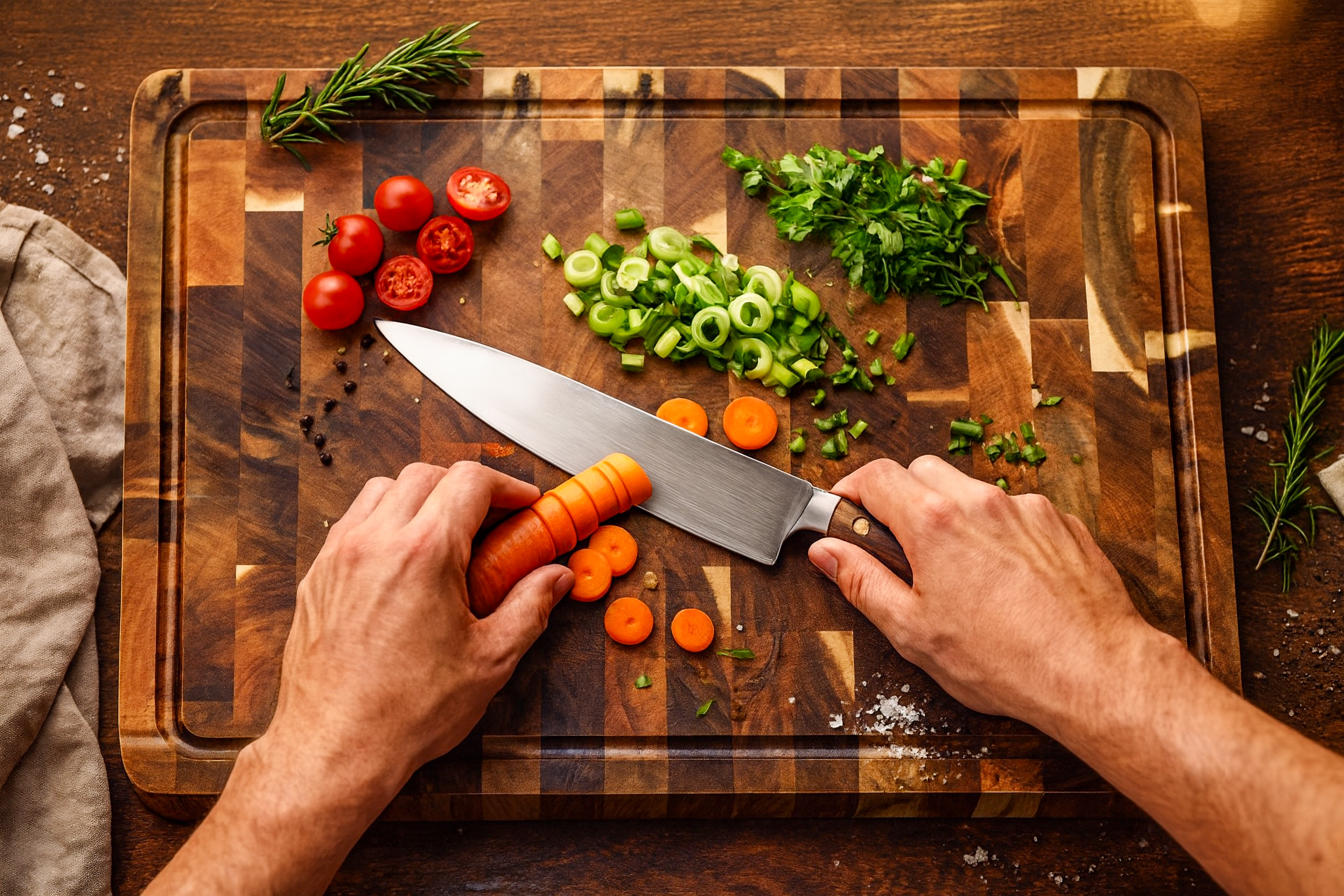 End-grain snijplank met handgreep en vochtgroef. Warme houtnerf, ambachtelijke afwerking, subtiele zijgravure – gefotografeerd in Meesterbrander-stijl.