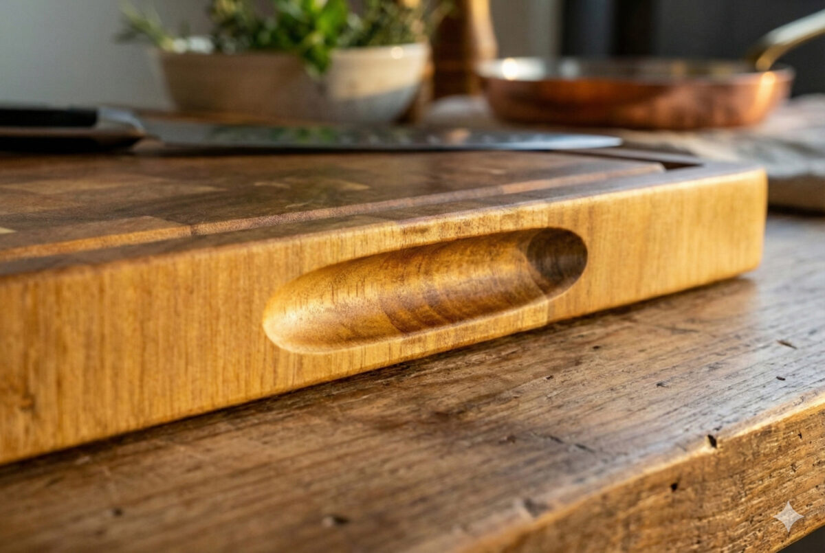 Luxe end-grain snijplank van acaciahout in De Brandmeester-stijl. Ambachtelijk handgemaakt, duurzaam, met subtiele zijgravure en verzonken handgreep en sapgroef End-grain snijplank met handgreep en vochtgroef. Warme houtnerf, ambachtelijke afwerking, subtiele zijgravure – gefotografeerd in Meesterbrander-stijl.