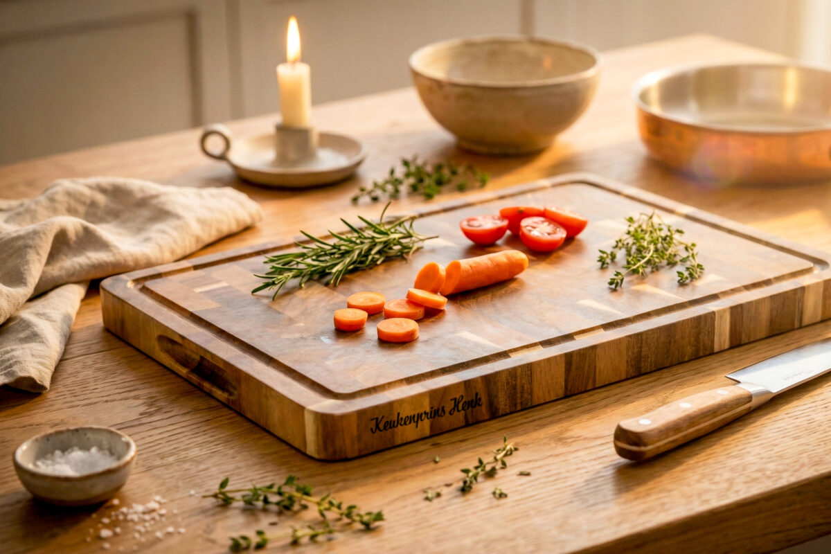 Luxe end-grain snijplank van acaciahout in De Brandmeester-stijl. Ambachtelijk handgemaakt, duurzaam, met subtiele zijgravure en verzonken handgreep en sapgroef End-grain snijplank met handgreep en vochtgroef. Warme houtnerf, ambachtelijke afwerking, subtiele zijgravure – gefotografeerd in Meesterbrander-stijl.