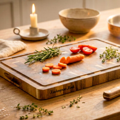 Luxe end-grain snijplank van acaciahout in De Brandmeester-stijl. Ambachtelijk handgemaakt, duurzaam, met subtiele zijgravure en verzonken handgreep en sapgroef End-grain snijplank met handgreep en vochtgroef. Warme houtnerf, ambachtelijke afwerking, subtiele zijgravure – gefotografeerd in Meesterbrander-stijl.