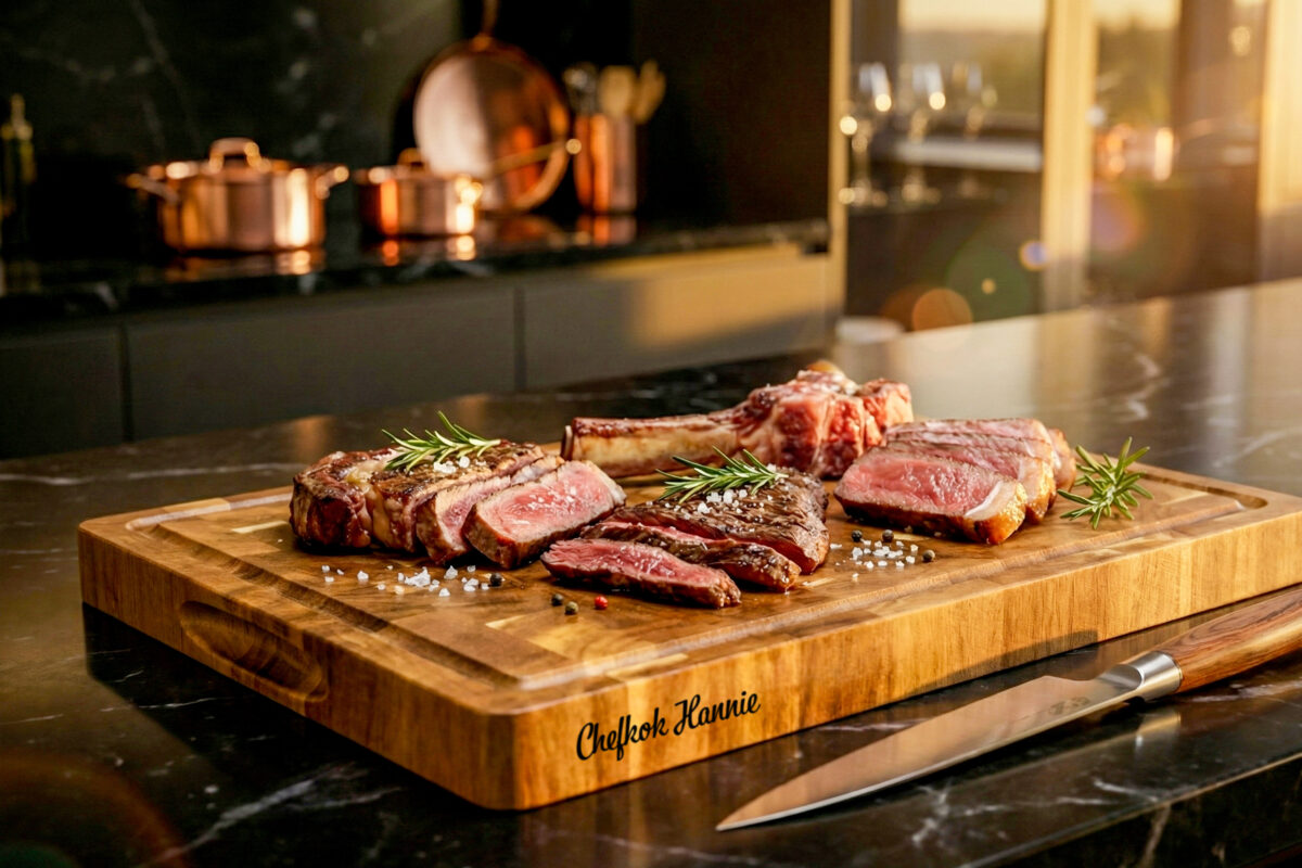 Luxe end-grain snijplank van acaciahout in De Brandmeester-stijl. Ambachtelijk handgemaakt, duurzaam, met subtiele zijgravure en verzonken handgreep en sapgroef End-grain snijplank met handgreep en vochtgroef. Warme houtnerf, ambachtelijke afwerking, subtiele zijgravure – gefotografeerd in Meesterbrander-stijl.