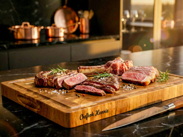 End-grain snijplank met handgreep en vochtgroef. Warme houtnerf, ambachtelijke afwerking, subtiele zijgravure – gefotografeerd in Meesterbrander-stijl.