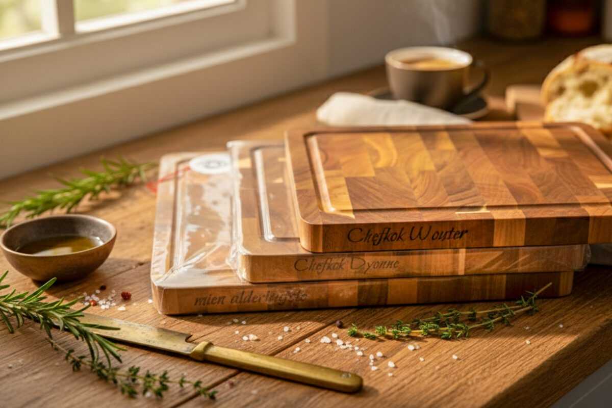 End-grain snijplank met handgreep en vochtgroef. En gratis gravure. Warme houtnerf, ambachtelijke afwerking, subtiele zijgravure – gefotografeerd in Meesterbrander-stijl.