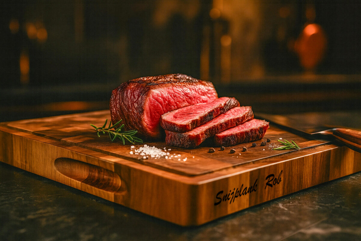 Luxe end-grain snijplank van acaciahout in De Brandmeester-stijl. Ambachtelijk handgemaakt, duurzaam, met subtiele zijgravure en verzonken handgreep en sapgroef Zeer luxe end-grain snijplank met vochtgroef en handgreep