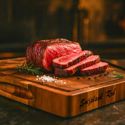 Luxe end-grain snijplank van acaciahout in De Brandmeester-stijl. Ambachtelijk handgemaakt, duurzaam, met subtiele zijgravure en verzonken handgreep en sapgroef Zeer luxe end-grain snijplank met vochtgroef en handgreep