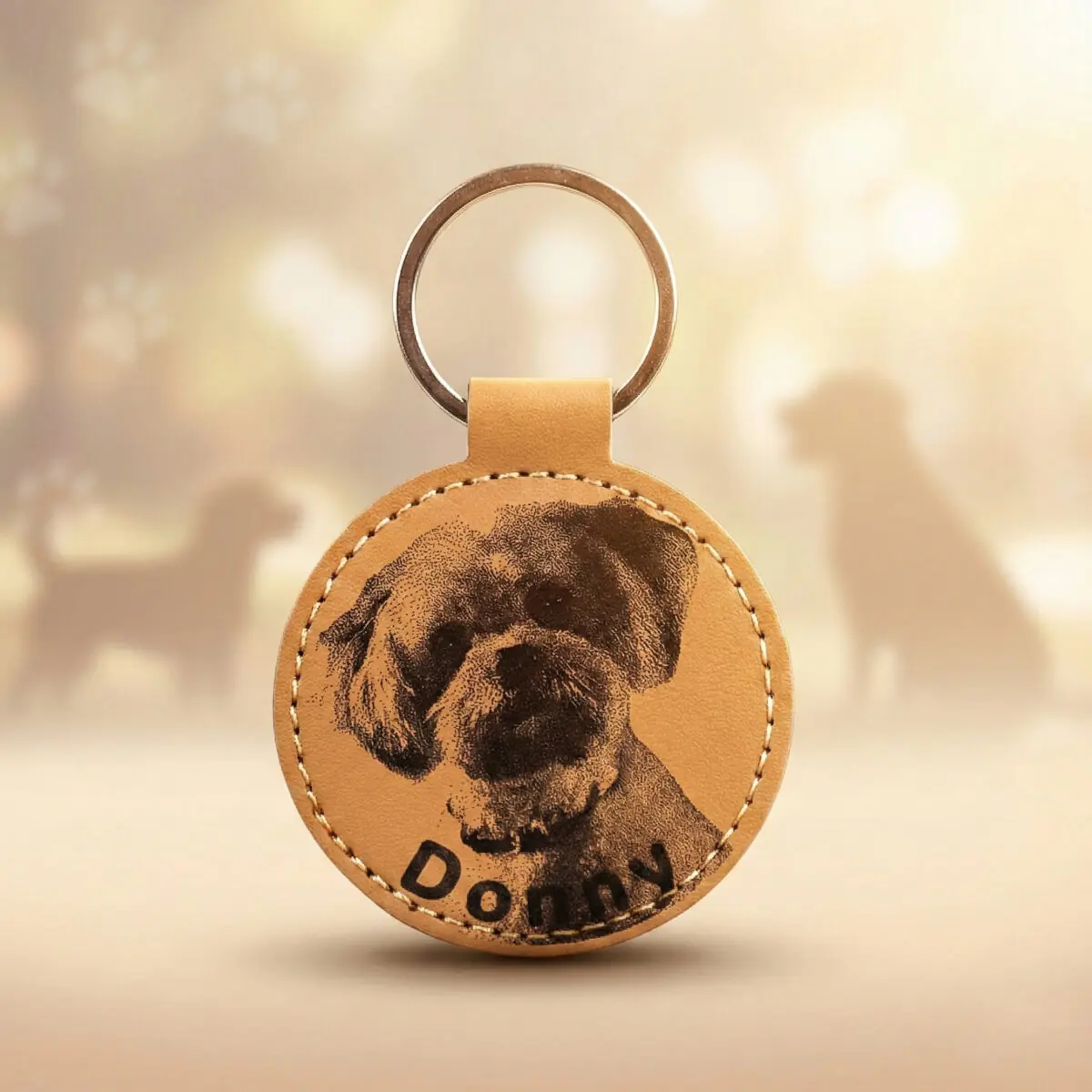 Lasergegraveerde kunstleren hondensleutelhanger – gepersonaliseerd met foto van jouw hond.