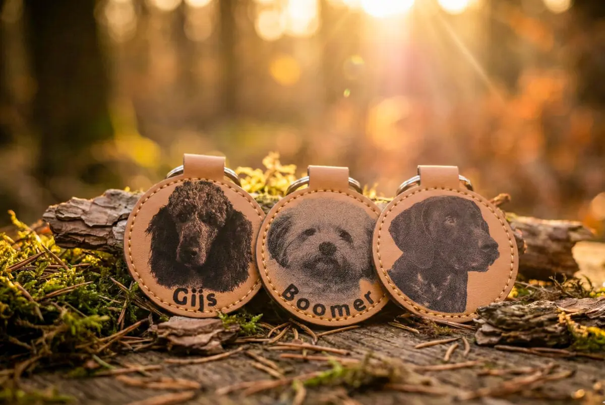 Lasergegraveerde kunstleren hondensleutelhanger – gepersonaliseerd met foto van jouw hond.