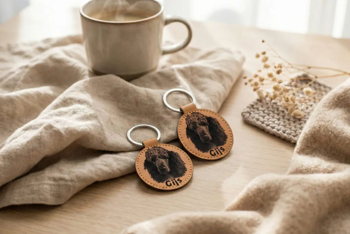Lasergegraveerde kunstleren hondensleutelhanger – gepersonaliseerd met foto van jouw hond.